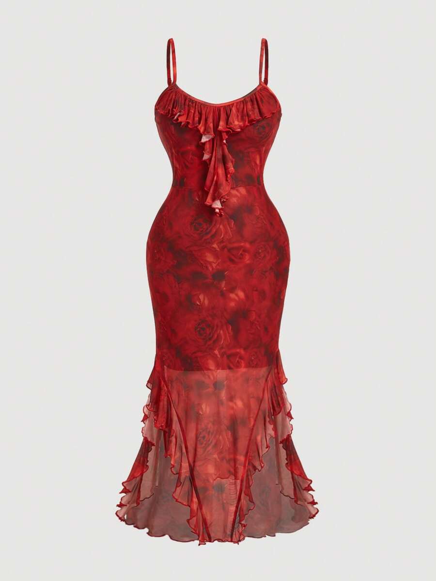 SHEIN MOD 大码红色花卉印花女式细肩带连衣裙、女巫连衣裙、哥特连衣裙、海盗连衣裙、海滩女士服装、化妆舞会连衣裙、女士连衣裙