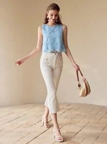 MOTF PREMIUM ÁO BLOUSE KHÔNG TAY REN GIẢ NGỌC TRAI GUIPURE - Màu xanh lam - Xem 5