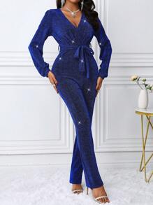 女士纯色 V 领闪亮连体裤，修身剪裁，简约休闲风格，适合日常穿着