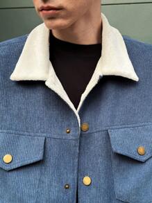 Manfinity VCAY Áo khoác nhung kẻ tay dài dáng rộng thoải mái cho nam, thời trang xuân/thu cho nam, dành cho mùa thu đông - màu nâu - Xem 5