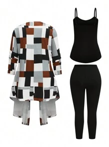 SHEIN LUNE 3pcs Set Women Long Sleeve Cardigan, Camisole And Leggings - Brown - View 2