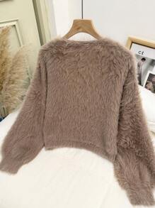 CosyJoli Suéter de mujer talla grande con hombros descubiertos, de felpa y corto, para otoño/invierno - Camel - Ver 6