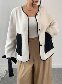 Flirla Plus Size Women Faux Single Breasted Contrast Color Pocket Jacket, Autumn/Winter - Black and White - View 3