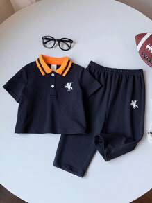 SHEIN Set di polo a contrasto navy e pantaloni con vita elastica per neonati/neonati, outfit estivo - Multicolore - Visualizzare 8