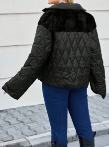 RueChic Plus Size Solid Color Front Zip Pocket Minimalist Winter Jacket - Black - View 2