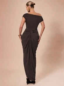 SHEIN BAE Vestido de punto elástico negro elegante para mujer, de estilo drapeado con detalle fruncido y bajo asimétrico, adecuado para fiestas, citas románticas, capas de otoño/invierno, fiestas, discotecas, eventos formales, salidas nocturnas, bodas, Halloween, Navidad