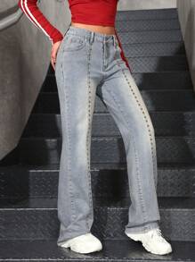SHEIN EZwear Jeans en denim casual et polyvalent avec poches et design clouté pour femmes - Jean clair - Voir 6