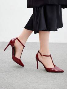 CUCCOO BIZCHIC Burgundy T-Strap Pointed Toe Stilettos, Fashion High Heels For Commute, Dating, Party, Vacation Valentine's Day - Burgundy - View 4