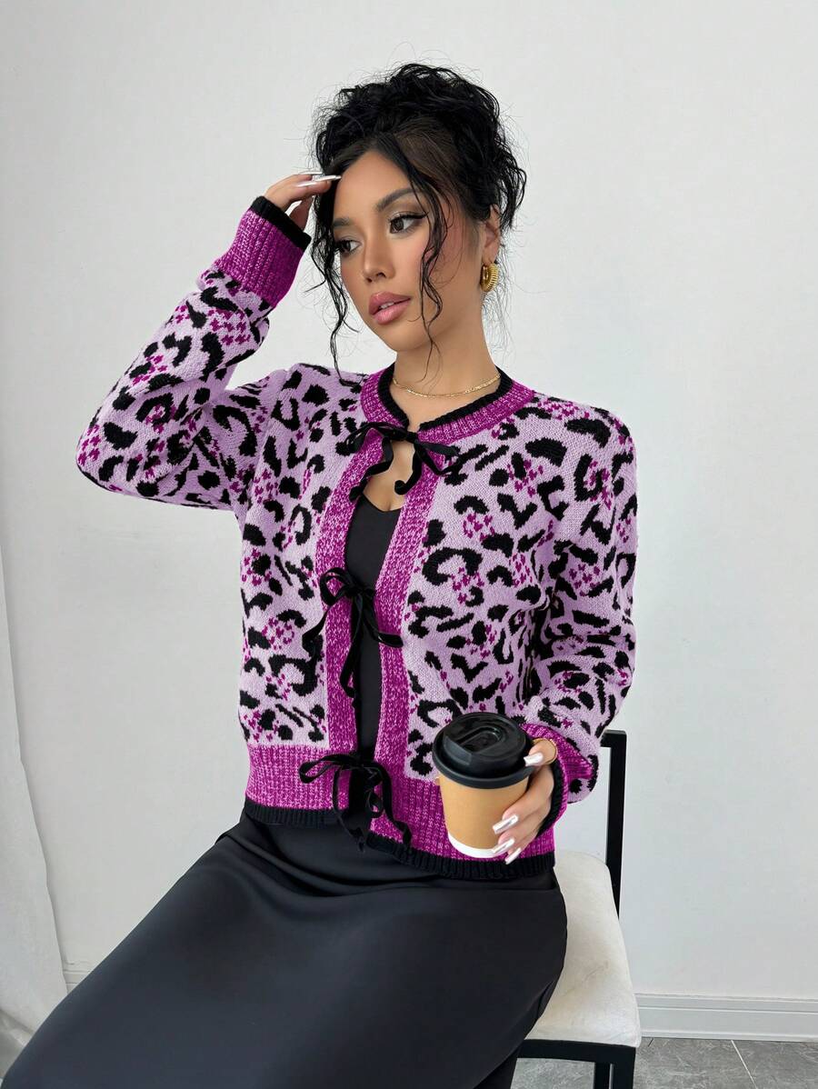 SHEIN Unity Cárdigan con estampado de leopardo y lazo frontal para mujer - Morado - Ver 1