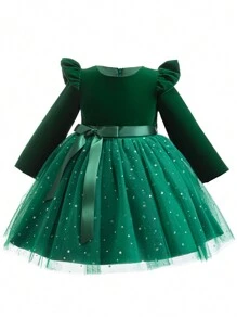 女童长袖派对连衣裙绿色网眼泡泡裙温柔可爱甜美公主裙 - 綠色 - 查看 1