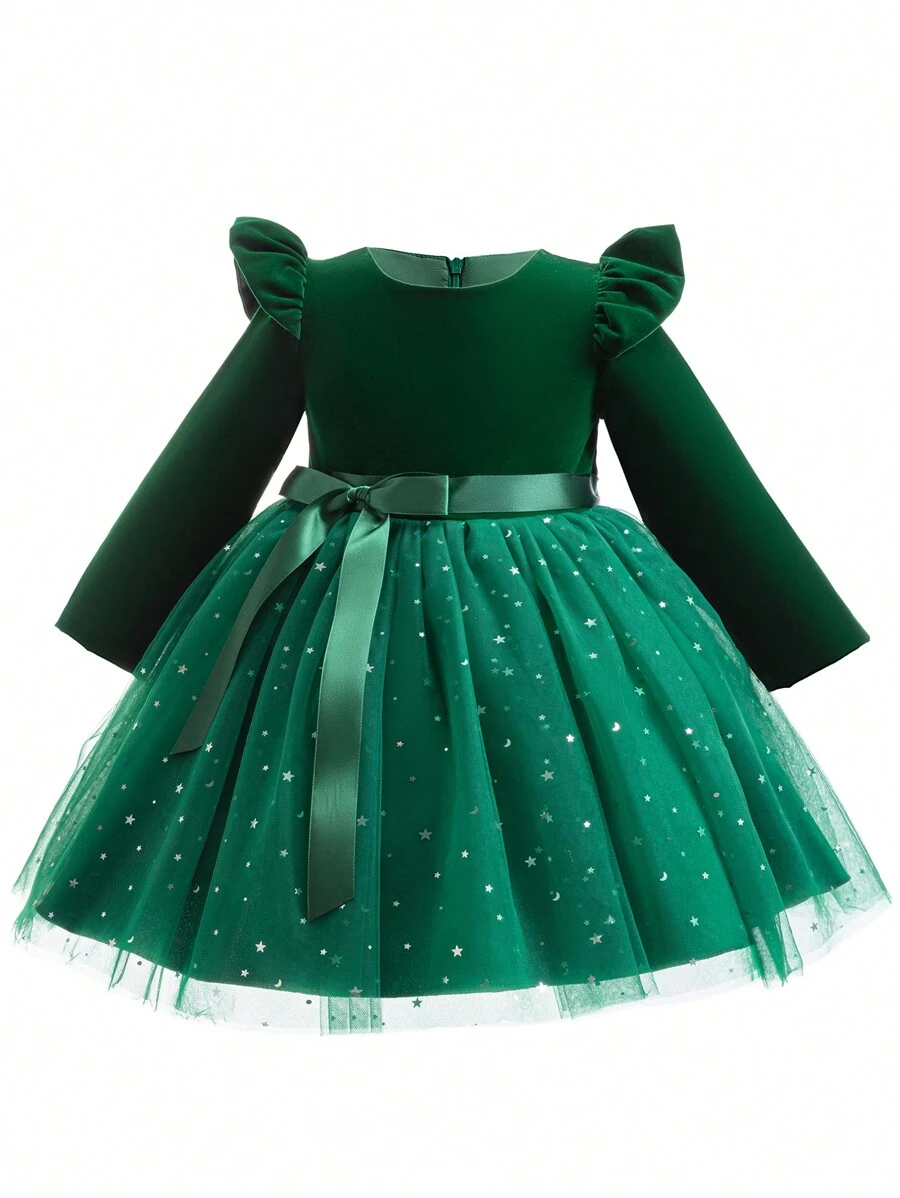 女童长袖派对连衣裙绿色网眼泡泡裙温柔可爱甜美公主裙 - 綠色 - 查看 1