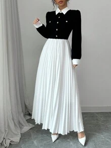 Selianne 女式拼布纽扣褶皱设计连衣裙 - 黑與白 - 查看 3