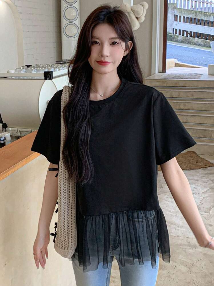 DAZY Women's Mesh Patchwork See-Through T-Shirt, Spring/Summer