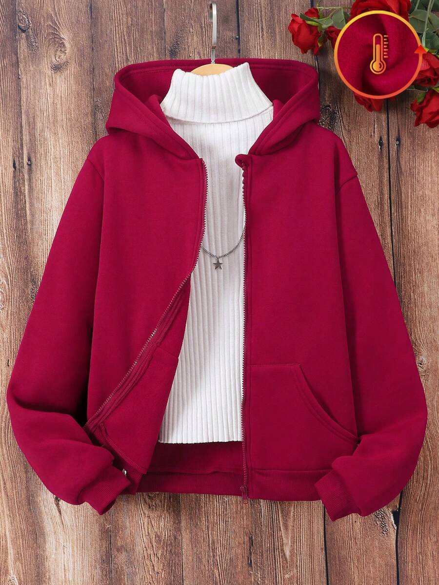 SHEIN Explorewe Teen Girls' Solid Color Hooded Sweatshirt, Fall/Winter - Red - View 1