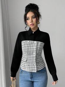 SHEIN Essnce Women Elegant Patchwork Tweed Long Sleeve Shirt, Spring,Office Siren,Valentine's Day Blouse - Black and White - View 6