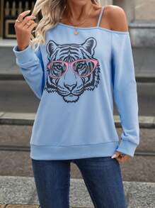 SHEIN LUNE Women's Blue Tiger Print Open Shoulder Sweatshirt, Autumn/Winter