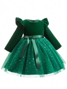 女童长袖派对连衣裙绿色网眼泡泡裙温柔可爱甜美公主裙 - 綠色 - 查看 3