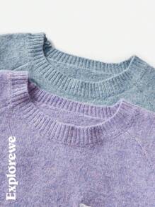 SHEIN 2 Pieces Tween Girls Embroidered Crew Neck Long Sleeve Sweater, Fleece Pullover For Autumn/Winter, Buy 1 Get 1 Free, Suitable For Outdoor, City Trips, Daily Wear, School, Parties & Other Occasions