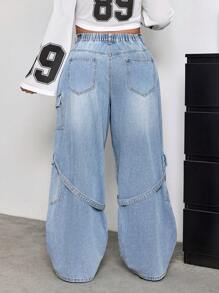 SHEIN EZwear Quần Cargo thiết kế túi trước có nút cỡ lớn, mặc thường ngày - Rửa nhẹ - Xem 2