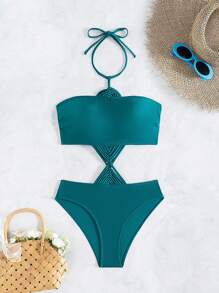 Swim Chiccia Women's Solid Color Hand Crocheted Hollow-Out One-Piece Swimsuit Summer - Teal Blue - View 6