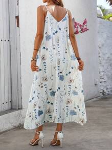 Breezaya Women's Loose Fit V-Neck Long Dress With Blue & White Floral Print, Comfortable For Vacation