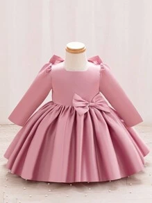 Glamorique Kids Đầm dự tiệc sinh nhật lần thứ 1 cho bé gái, váy tutu tay lửng màu xanh lá cây có chi tiết nơ dễ thương ở sau lưng, váy công chúa dễ thương, phù hợp với mọi mùa - Màu Hồng  San hô - Xem 2