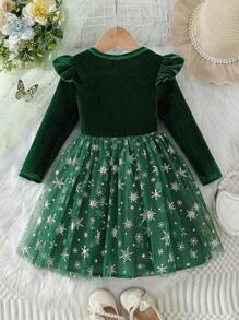 SHEIN Đầm lưới xếp ly thêu kim sa hình bông tuyết bằng vải nhung xanh thanh lịch cho bé gái, trang phục dự tiệc và sự kiện - Màu xanh lá cây đậm - Xem 2