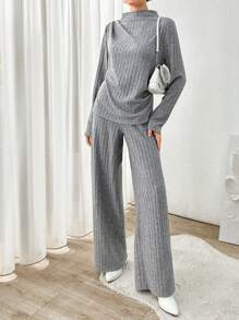 EURMUSE Urban Chic Soft Touch Knitting Draped Top & Wide Leg Loose Pants Two-Pieces Matching Set - Grey - View 1