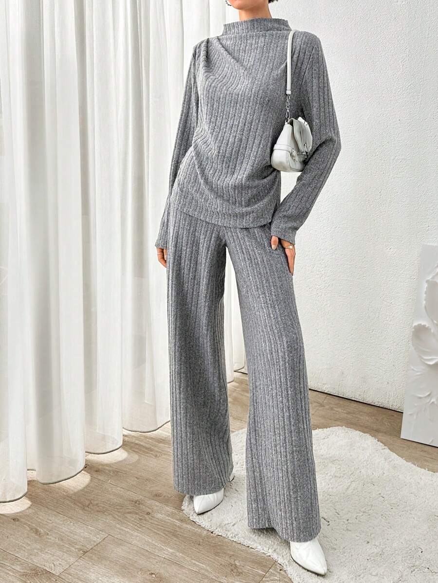 EURMUSE Urban Chic Soft Touch Knitting Draped Top & Wide Leg Loose Pants Two-Pieces Matching Set - Grey - View 1
