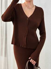 EURMUSE Urban Style Ribbed Knitted Sweater Cardigan & Long Slip Dress Matching Set - Chocolate Brown - View 7
