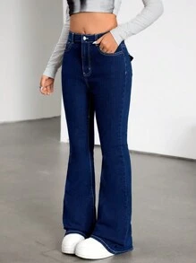 SHEIN Teen Girls Y2K Clothes Solid Washed Low Rised Embroidery Detail Flare Leg Jeans With Slanted Pocket - Medium Wash - View 7