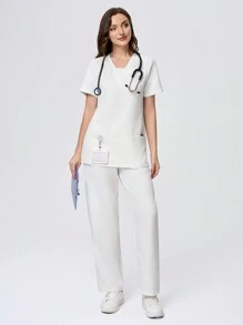 Scrubzie 2pcs Anti-Wrinkle White Women /Nursing 2 Pieces Scrub Uniform Set - White - View 3