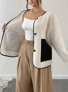 Flirla Plus Size Women Faux Single Breasted Contrast Color Pocket Jacket, Autumn/Winter - Black and White - View 6