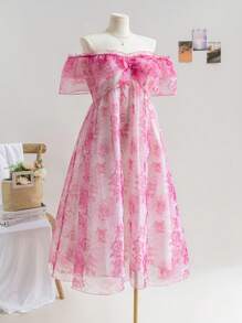Soleia 1pc Plus Size Women's Holiday/Valentine's Day Ruffle Pink Rose Print Organza A-Line Dress With Ruffle Trim - Multicolor - View 3