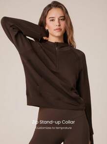 GLOWMODE Áo hoodie dài tay cỡ lớn Modal Silk Touch có khóa kéo nửa đầu thu - Màu nâu Sô-cô-la - Xem 3
