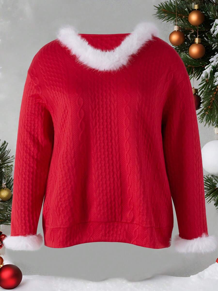 SHEIN LUNE Plus Size Women Textured Casual Fitted Sweatshirt Pullover Fall Sweatshirt - Red - View 1