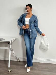 SHEIN Essnce Women's Front Button Long Sleeve Pocket Minimalist Casual Denim Jacket