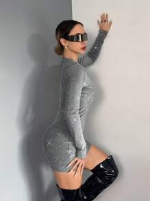 EgrlEra 女士性感镂空露背袖闪光复合紧身迷你连衣裙、派对装