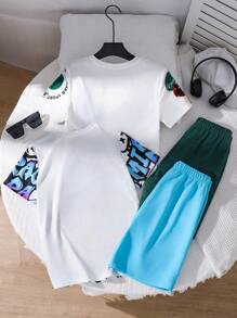 Achetez-en 2, obtenez-en 2 gratuitement, 4 pièces/set. Style de rue décontracté pour pré-adolescents, T-shirts à manches courtes avec lettres et graphiques graffitis sur fond de couleur unie, et shorts à taille élastique assortis. Convient pour les activités en extérieur, l'école, les sorties, les fêtes et les loisirs, au printemps, en été et en automne.