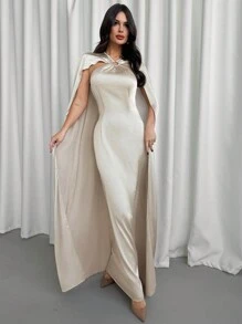 Firerie Vestido largo elegante de diseño de capa conectada con aro de unicolor para mujeres, para el Año Nuevo y el Día de San Valentín - Champán - Ver 7