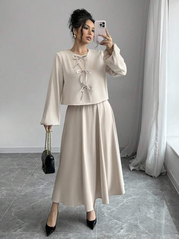 Siren Gaze Cămașă cu mânecă lanternă, primăvară și toamnă, 2 piese, culoare uni, cu talie și fustă tip umbrelă, set de două piese pentru femei, pentru ziua Îndrăgostiților.