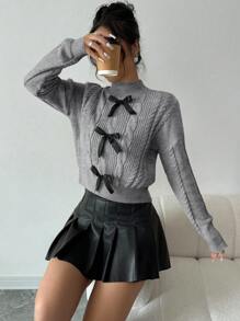 Selianne French Knot Bow Soft & Fluffy Winter Sweater, Sweet Pullover For Women Knit Pullover Fall Sweater - Grey - View 4