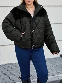 RueChic Plus Size Solid Color Front Zip Pocket Minimalist Winter Jacket - Black - View 1