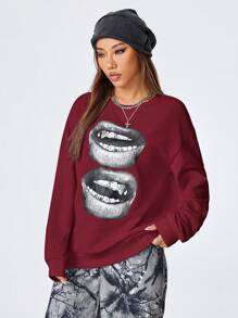 Coolane Jumper Longgar Kasual Bergambar Gaya Streetwear Y2K untuk Wanita - Burgundy - View 4