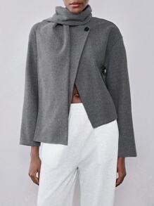 Chiquease 1pc Women's Gray Single-Breasted Coat With Scarf, Casual Loose Fit Knitted Jacket For Autumn/Winter Outerwear - Grey - View 6