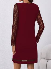 SHEIN Clasi Women's Solid Color Sheer Lace Panel Cut-Out Ruffle V-Neck Long Sleeve Elegant Short Dress - Red - View 2