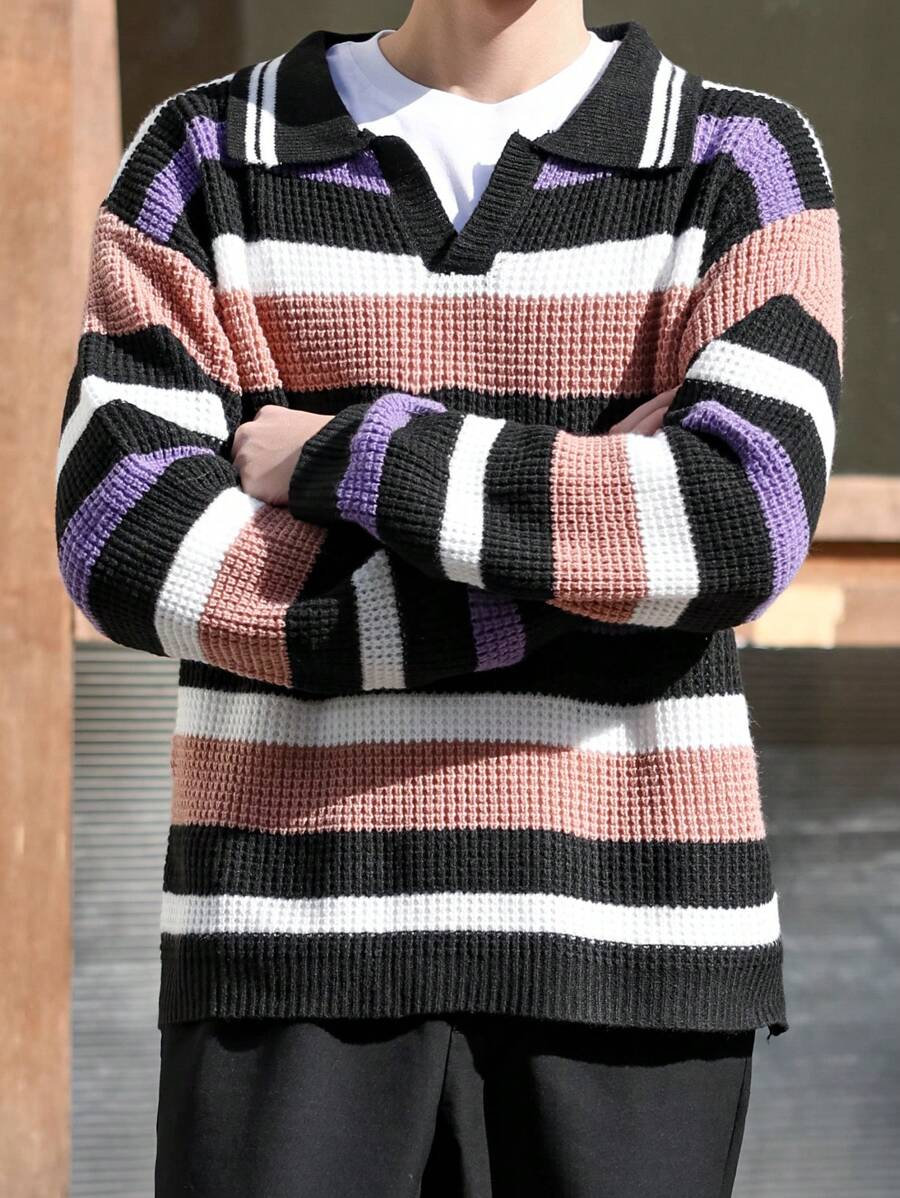 Claim Dot Men's Casual Striped Collared Long Sleeve Sweater