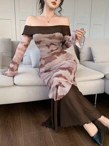 Feyla Women's Solid Color Contrast Off Shoulder Long Sleeve Minimalist Dress - Brown - View 1