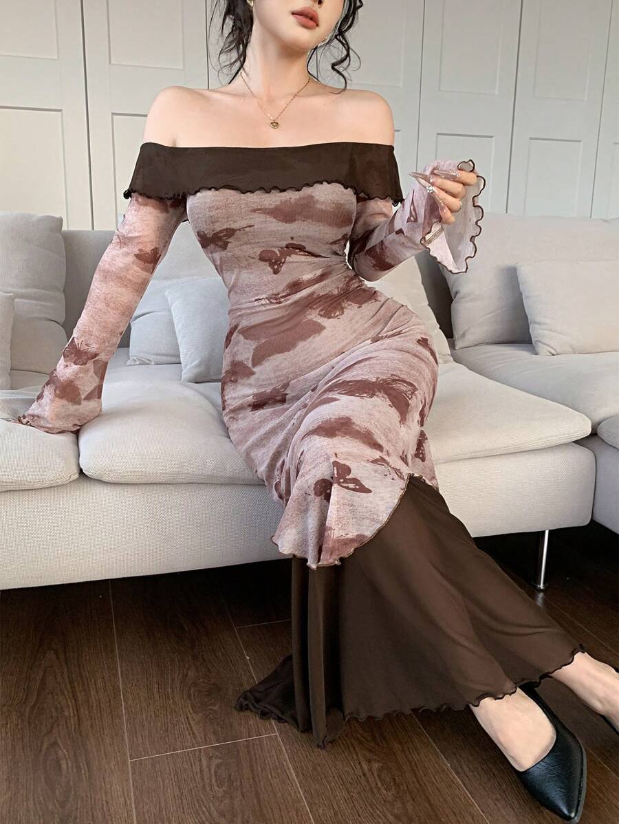 Feyla Women's Solid Color Contrast Off Shoulder Long Sleeve Minimalist Dress - Brown - View 1