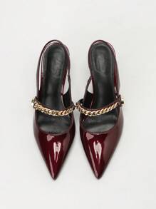 CUCCOO BIZCHIC Pointed Toe High Heel Women's Shoes, Elegant High-Quality Burgundy Single Strap Heels With Gold Chain Detail, For Commuting And Daily Wear New Year Holiday